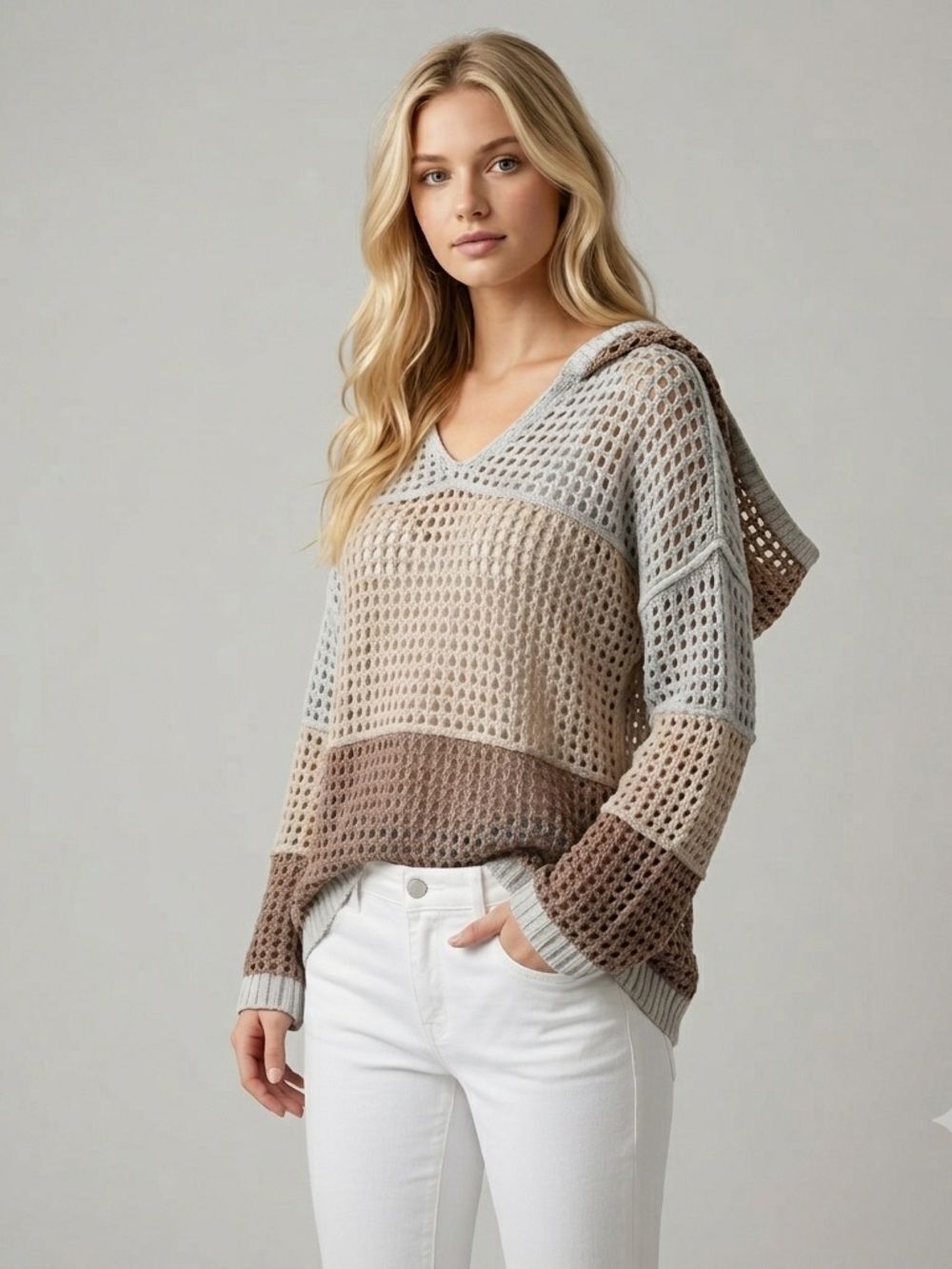 Open Knit Crochet Hooded Sweater Earth Tones Color-block Cotton Blend Medium